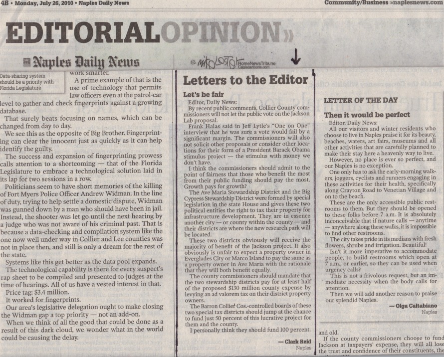 LETTER TO THE EDITOR OF THE NAPLES DAILY NEWS 